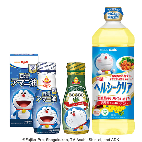 日清アマニ油 145g・BOSCOエキストラバージンオリーブオイル145g・日清ヘルシークリア 800g ドラえもんデザインボトル