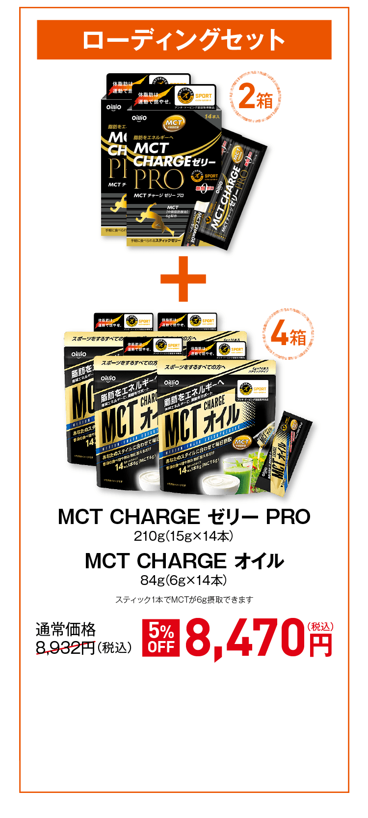 MCT CHARGE ゼリー PRO 210g(15g×14本)MCT CHARGE パウダー 80g(8g×10本)スティック1本でMCTが6g摂取できます