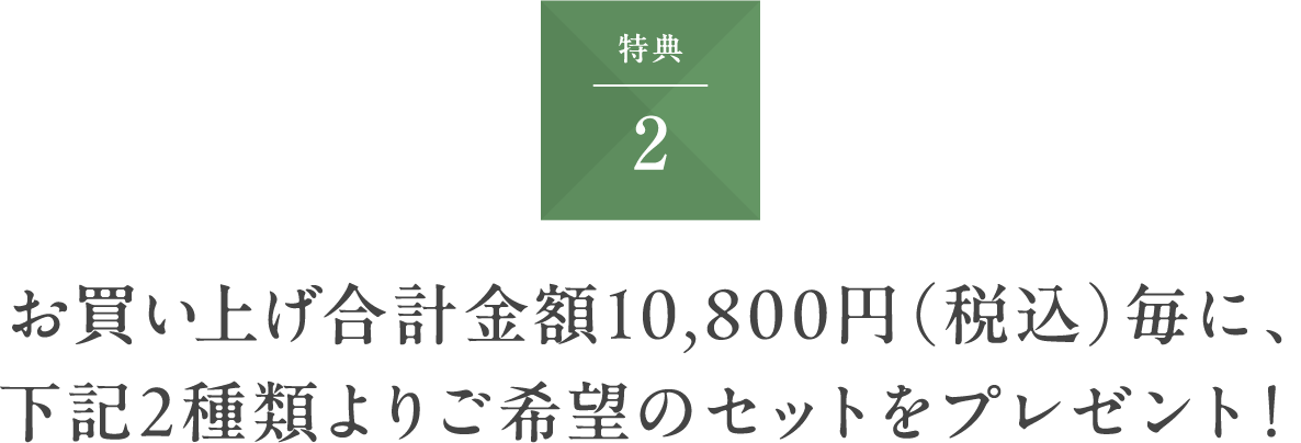 特典2　お買い上げ合計金額10,800円（税込）毎に、下記2種類よりご希望のセットをプレゼント！