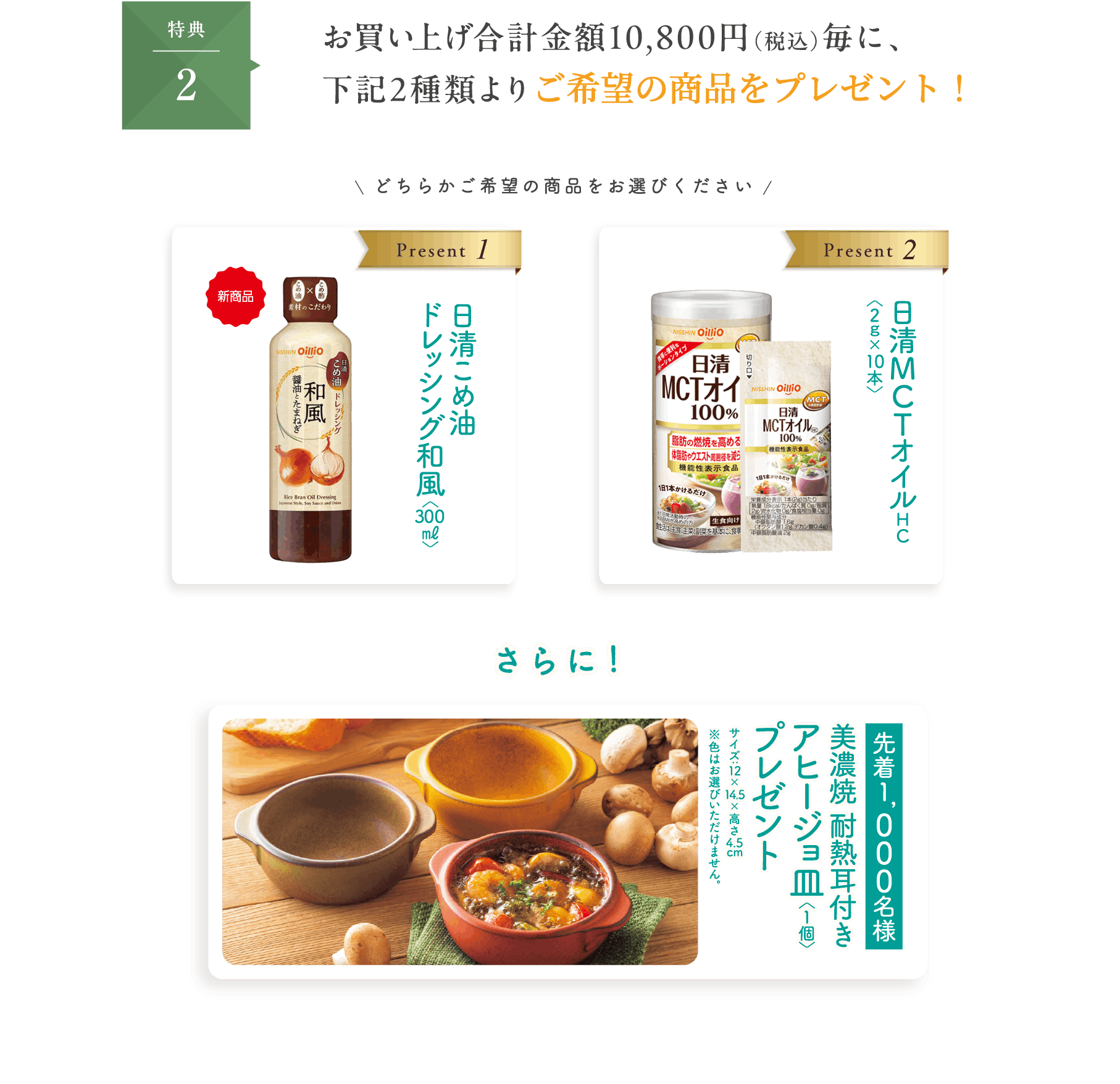特典2　お買い上げ合計金額10,800円（税込）毎に、下記2種類よりご希望のセットをプレゼント！