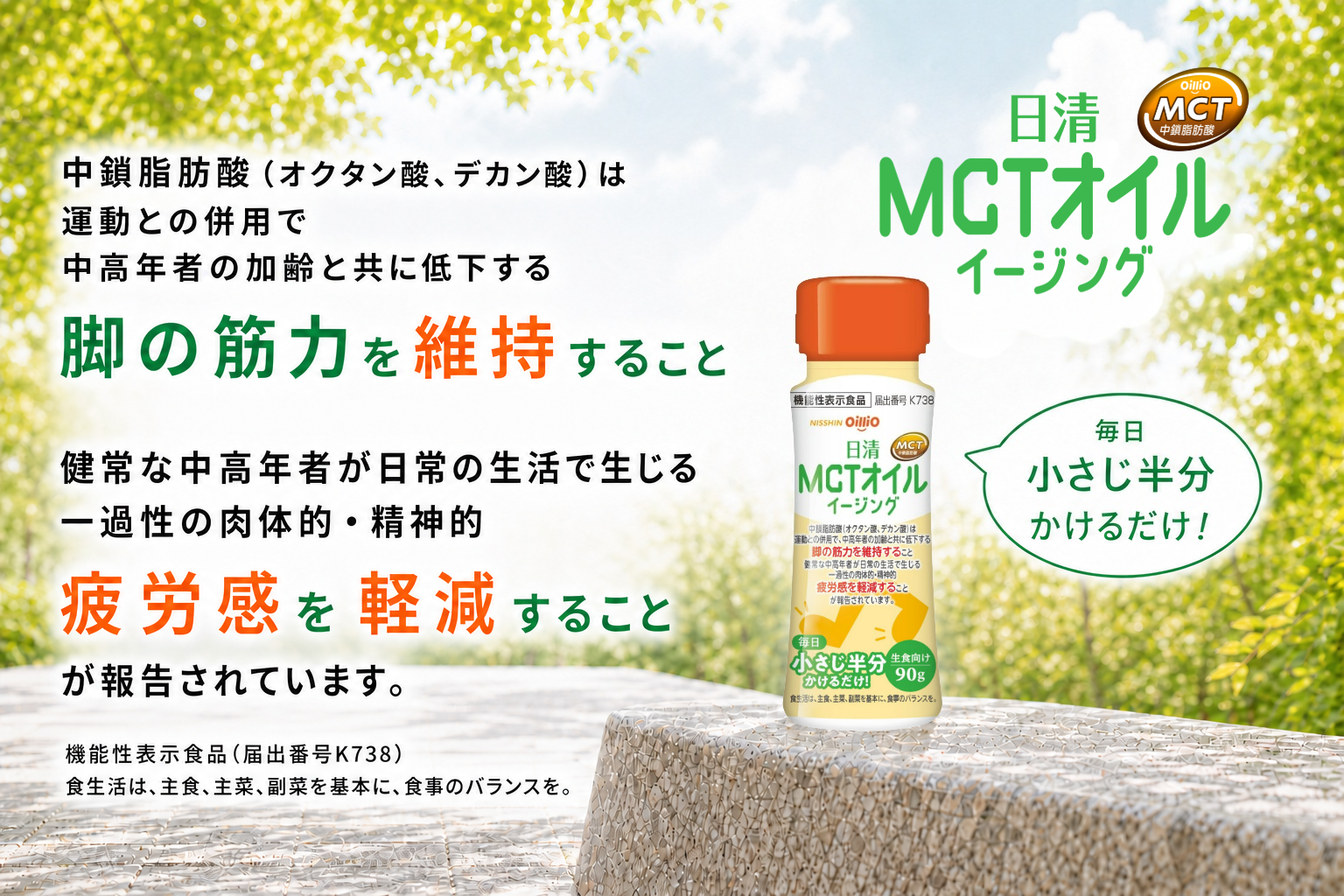 日清MCTオイルイージング　中鎖脂肪酸（オクタン酸、デカン酸）は運動との併用で、中高年者の加齢と共に低下する脚の筋力を維持すること　健常な中高年者が日常の生活で生じる　一過性の肉体的・精神的　疲労感を軽減すること　が報告されています。