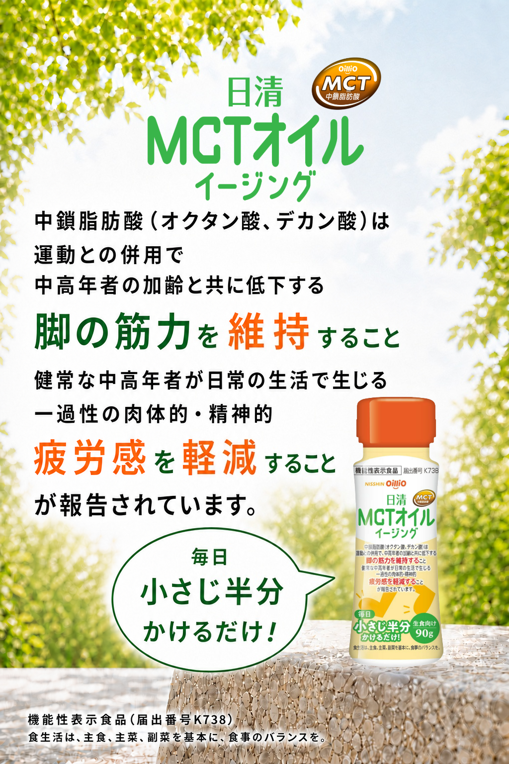 日清MCTオイルイージング　中鎖脂肪酸（オクタン酸、デカン酸）は運動との併用で、中高年者の加齢と共に低下する脚の筋力を維持すること　
		健常な中高年者が日常の生活で生じる　一過性の肉体的・精神的　疲労感を軽減すること　が報告されています。